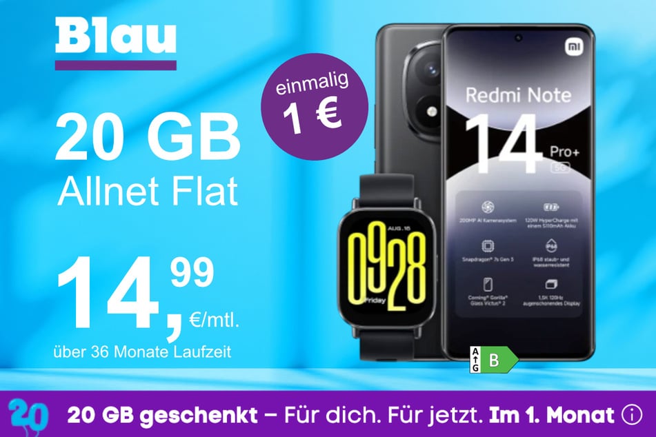 Das Xiaomi Redmi Note 14 Pro Plus + Watch 5 Active im Blau Allnet M für einmalig 1 Euro.