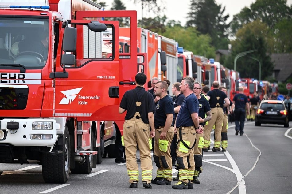 Einsatzkräfte und Feuerwehrfahrzeuge kämpfen gegen den Waldbrand im Hürtgenwald.