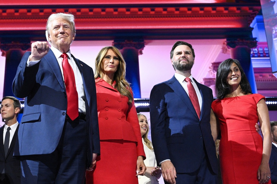 (From l. to r.) Donald Trump, Melania Trump, JD Vance, and Usha Vance attending the 2024 Republican National Convention on July 19, 2024.