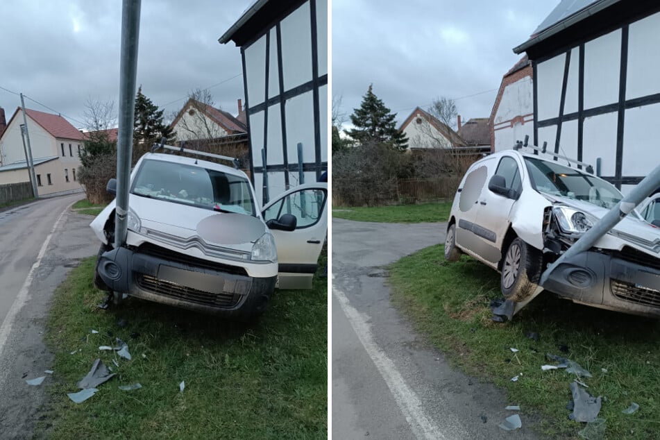 Nach einem Unfall am Dienstag in Groitzsch (Landkreis Leipzig) drohte eine Laterne umzukippen.