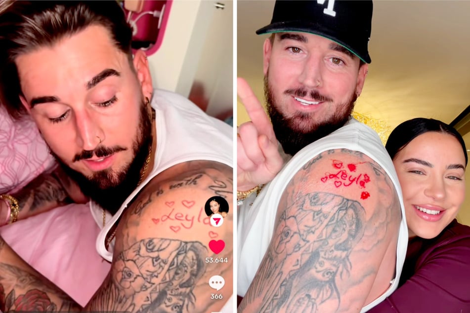 Aus Leylas Lippenstift-Tattoo (l.) ließ sich Mike eine echte Tätowierung stechen (r.).