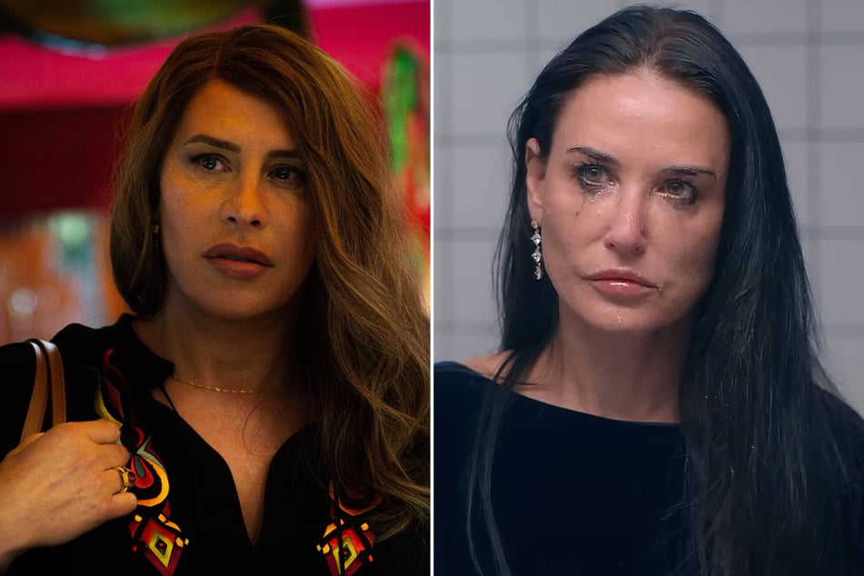 Emilia Pérez (l.) is the heavy favorite at the 2025 Golden Globes, but The Substance (r.) could emerge as a dark horse this awards season.