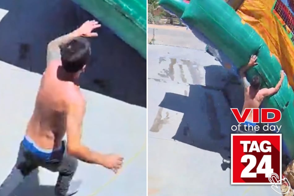 Today's Viral Video of the Day features a man who horrendously fails when rushing to save his getaway bounce house!