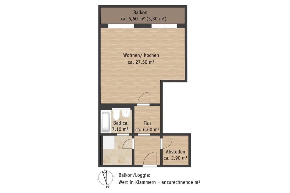 Tolle 1-Raum-Wohnung für Singles mit offener Küche, Badewanne, Dusche.