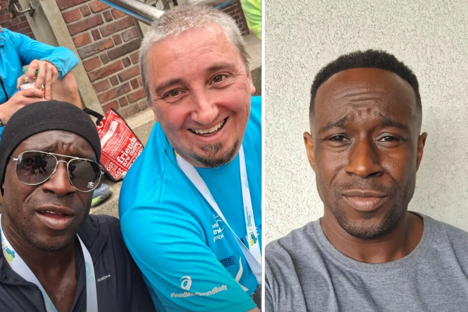 Schauspieler Jerry Kwarteng (48, ganz rechts) verlor eine Wette mit seinem Kumpel Mike und musste am Sonntag den Halbmarathon in Wedel laufen.