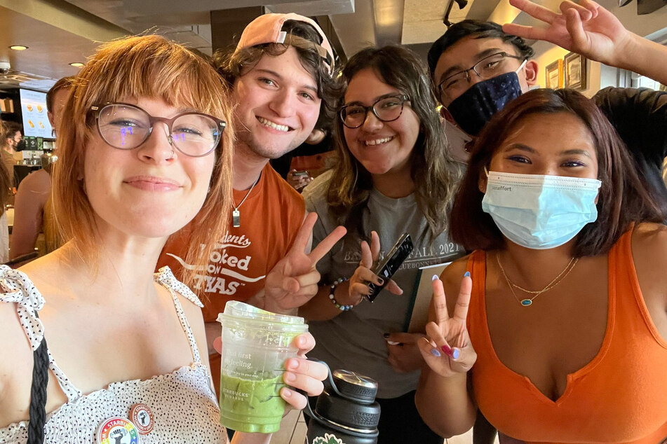 Starbucks workers at the 24th and Nueces store in Austin, Texas, celebrate their union victory.