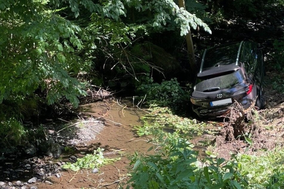 Toyota kracht gegen Bäume und landet in Bach - Fahrer hat großes Glück