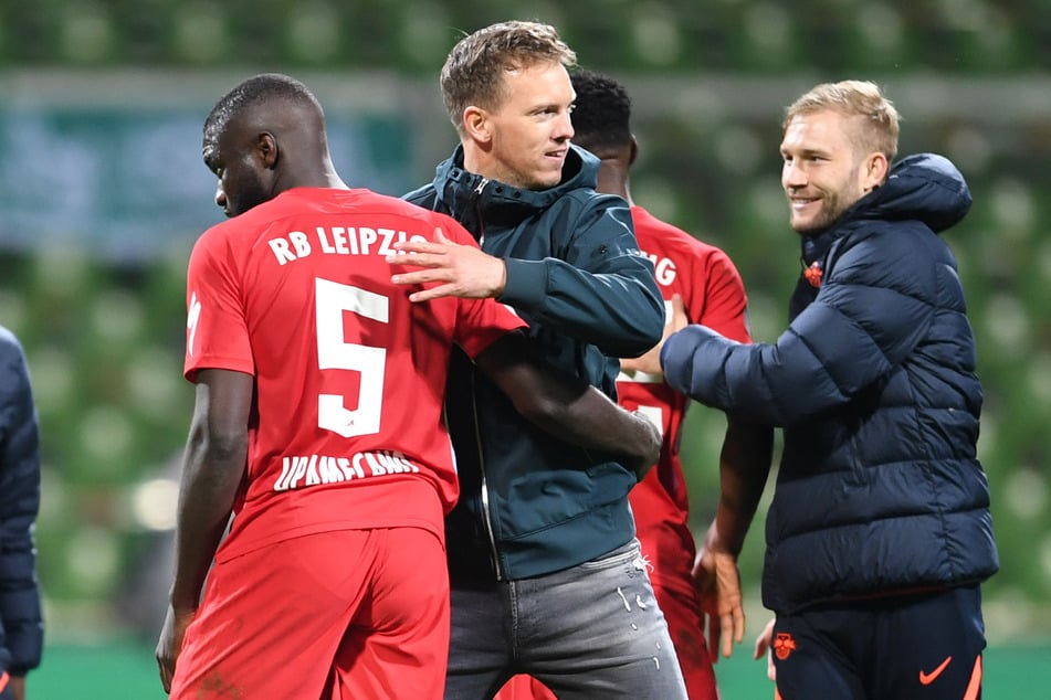 Doppelter Abschied aus Leipzig: Julian Nagelsmann (33, m.) und sein französischer Schützling bestreiten die letzte Partie für die Roten Bullen.