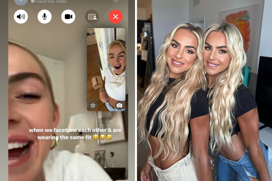 The Cavinder twins, Haley and Hanna, hilariously proved that twin telepathy is real in an Instagram story post (l.) where they accidentally wore the same outfit.