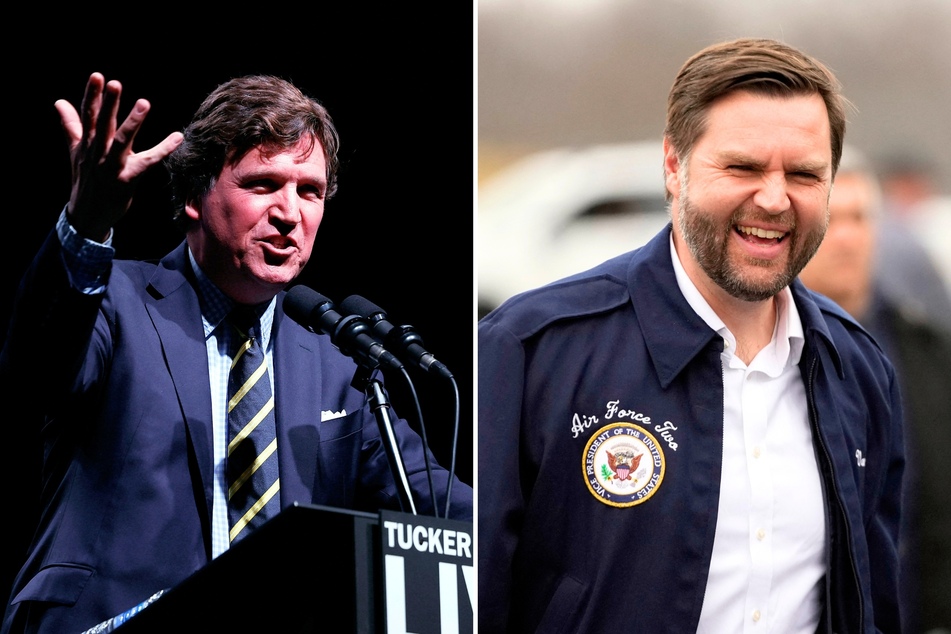 Vice President JD Vance (r.) has reportedly hired the son of controversial conservative commentator Tucker Carlson to join his press office team.