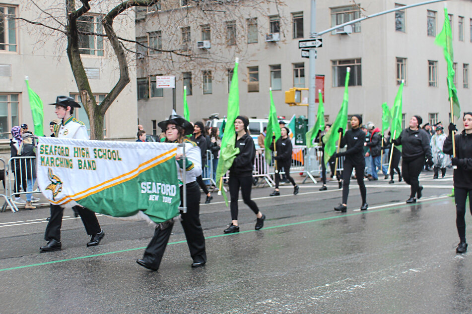 The Seaford High School Marching Band performing during the parade.