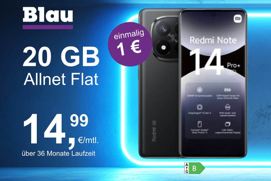 Das Xiaomi Redmi Note 14 Pro Plus im Blau Allnet M für einmalig 1 Euro.