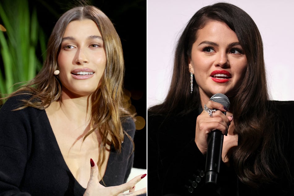 Fans are buzzing after Hailey Bieber (l.) gave an awards speech that sounded suspiciously similar to an interview given by Selena Gomez.
