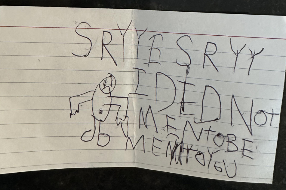 How sweet: just minutes later, the five-year-old makes a U-turn with a letter of apology.