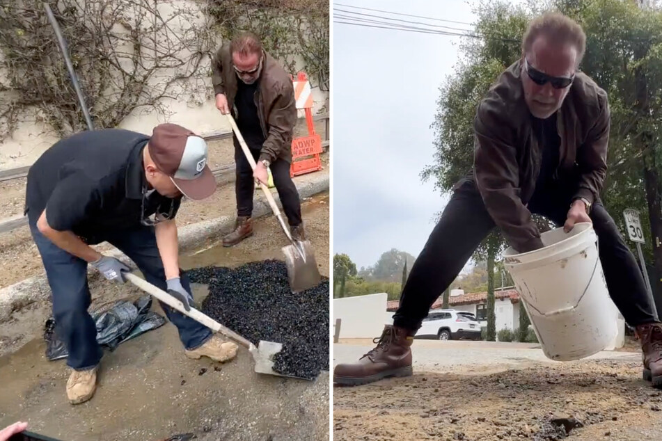 Arnold Schwarzenegger posted a video on Instagram of himself and his team repairing a "giant hole" with cement and sand.