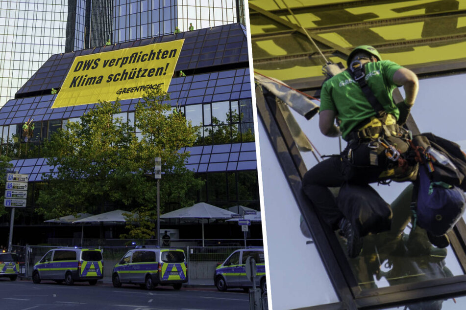 Frankfurt: Protestaktion: Greenpeace-Aktivisten auf Dach der Deutschen Bank
