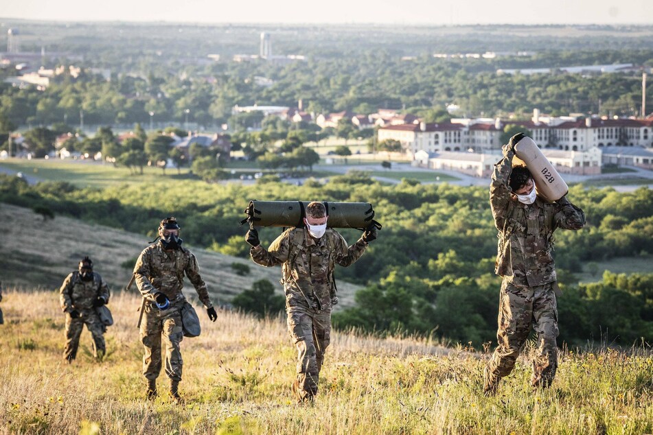 Soldiers participate in a training session at Fort Sill military base near Lawton, Oklahoma.