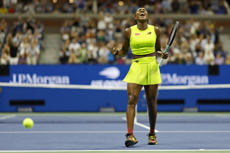 Coco Gauff of the United States celebrates after match point against Karolina Muchova of the Czech Republic during a women's singles semifinal at the 2023 US Open tennis tournament.