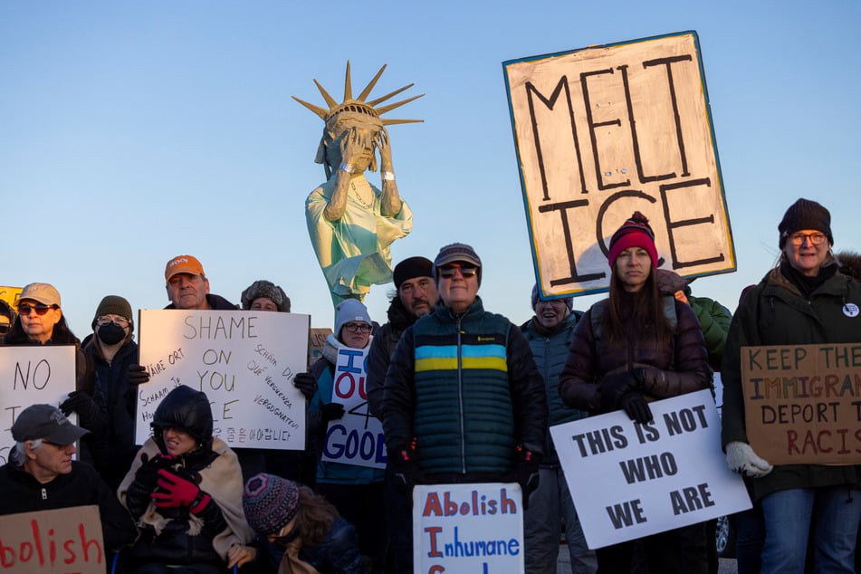 Demonstrators protest outside the Big Horn Correctional Facility, a dormant prison that is under contract to become an ICE detention center, in Hudson, Colorado, on January 21, 2026.