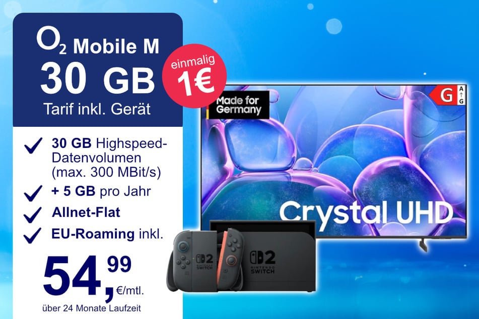 Die Nintendo Switch 2 plus Samsung 50-Zoll Crystal UHD im o2 Mobile M inkl. 30 GB+ für einmalig nur 1 Euro.