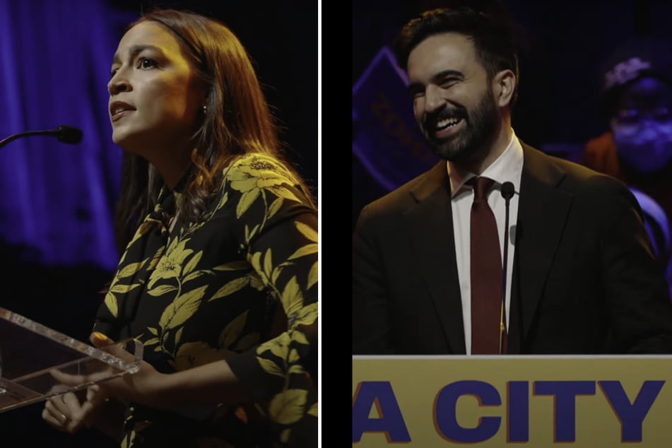 Congresswoman Alexandria Ocasio-Cortez (l.) speaks at a rally for New York City mayoral candidate Zohran Mamdani on June 14, 2025.