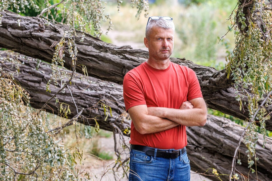 Stadtbezirksbeirat Tino Jasef (53, Freie Wähler) vor einem umgestürzten Baum auf dem Treidelpfad. Laut Wasserstraßen- und Schifffahrtsamt gehört der Baum zu einem Fremdgrundstück, muss nicht vom Amt beräumt werden.