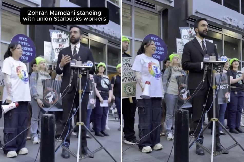 New York City's Democratic mayoral nominee Zohran Mamdani speaks at a rally alongside picketing Starbucks workers on October 1, 2025.