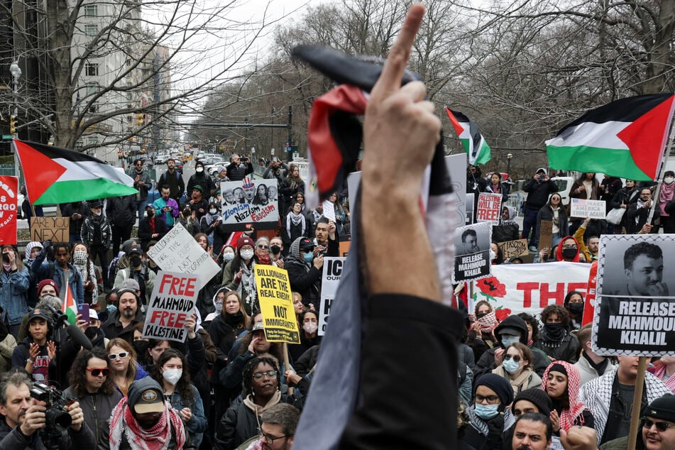 Demonstrators attend a protest calling for the release of Mahmoud Khalil in New York City on March 15, 2025.