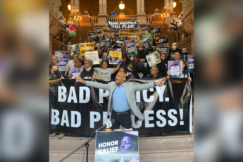 Activists gathered at the New York State Capitol on Monday to protest Gov. Kathy Hochul's 10-point public safety plan, which would roll back critical bail reform changes.