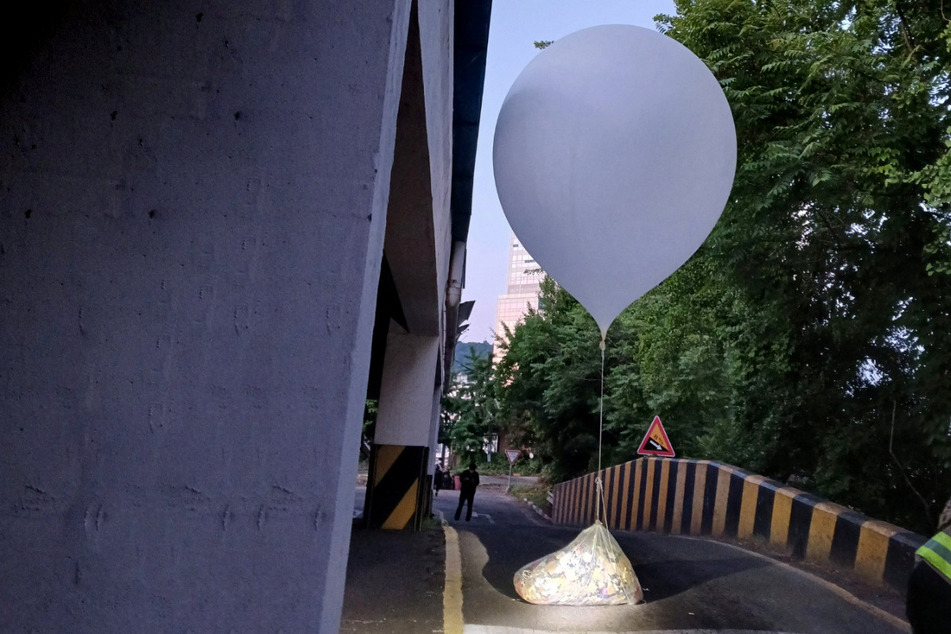 A balloon believed to have been sent by North Korea, including what appeared to be trash, is pictured in Incheon, South Korea.