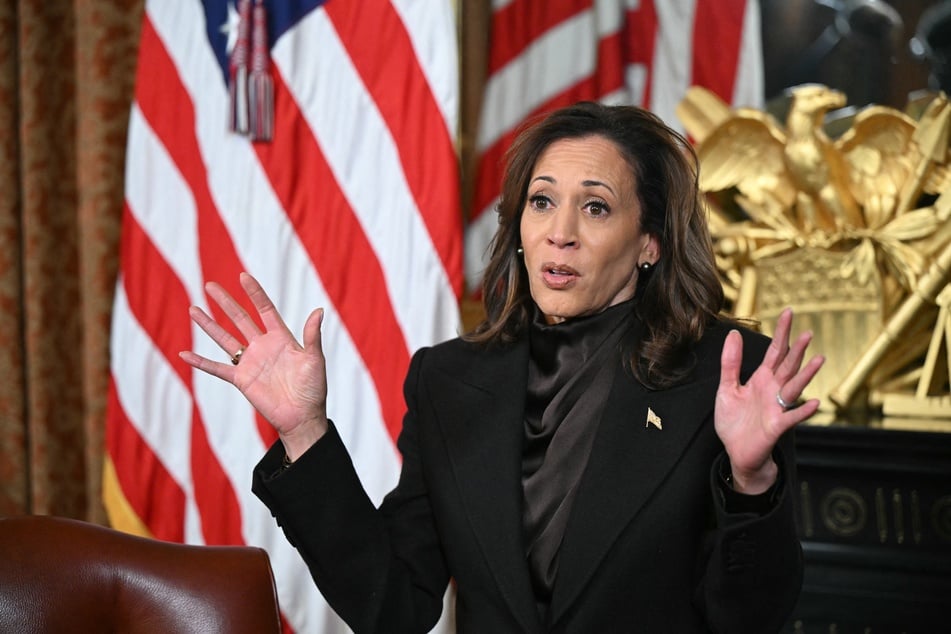 Vice President Kamala Harris speaking during a signing ceremony in the Vice President's Ceremonial Office at the White House on January 16, 2025.