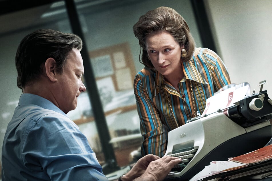 Meryl Streep as publisher Katharine "Kay" Graham and Tom Hanks as editor-in-chief Ben Bradlee, in a scene from The Publisher.