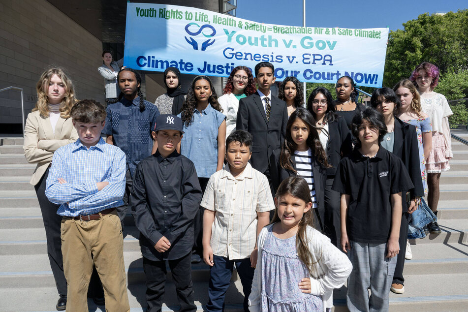 Youth plaintiffs stand outside the federal courthouse before a hearing in the Genesis v. Environmental Protection Agency lawsuit in Los Angeles, California, on April 29, 2024.