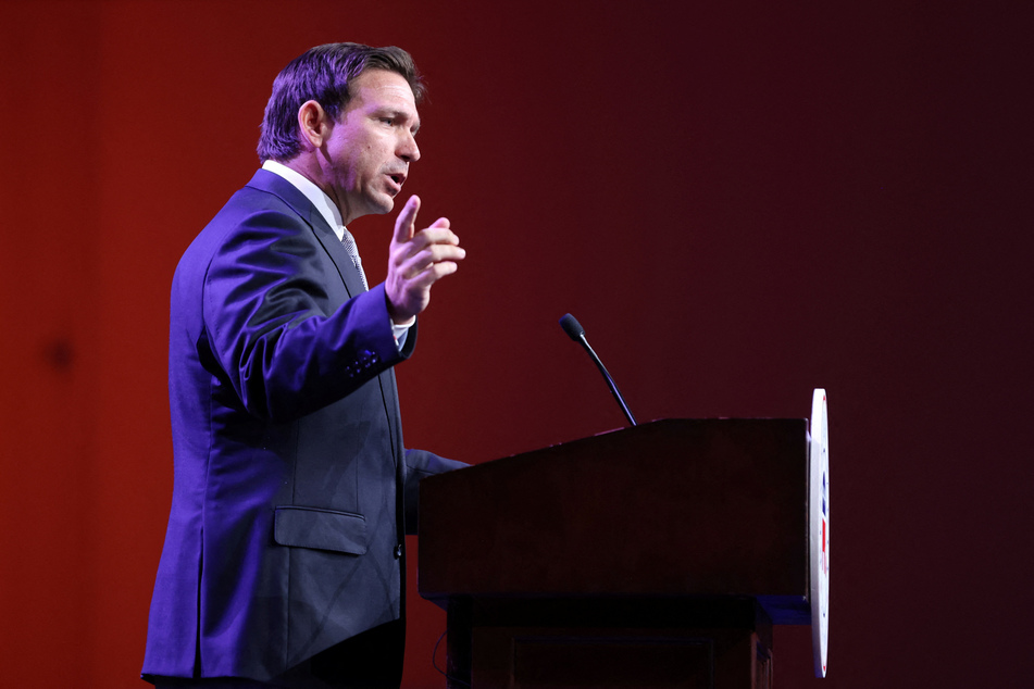 Florida Governor and Republican presidential candidate Ron DeSantis speaks at the Republican Party of Iowa's Lincoln Day Dinner in Des Moines, Iowa.