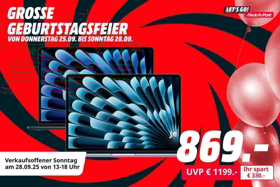 Apple MacBook Air (2025), MW123D/A für 869 statt 1.199 Euro.
