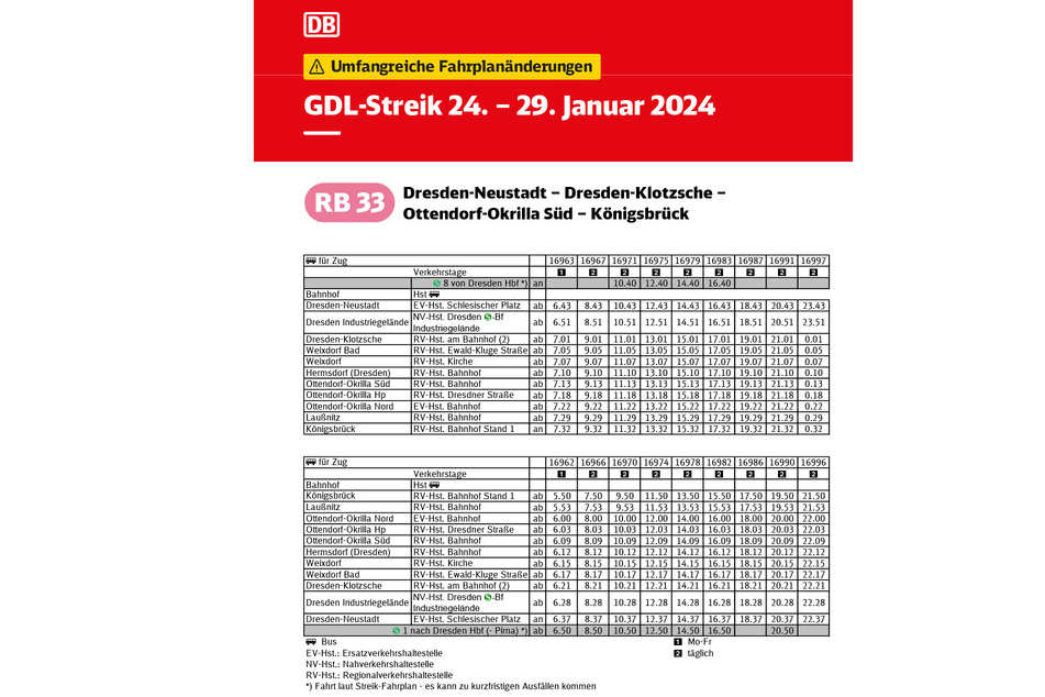 Das ist der vorläufige Fahrplan für die Ersatzbusse auf der Linie RB33 zwischen Dresden-Neustadt und Königsbrück.