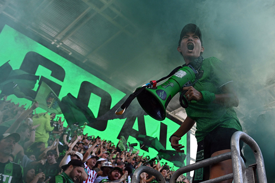 La Murga de Austin Capo Stephanie Dempsey cheers for Austin FC during a match against the Houston Dynamo on October 24 at Q2 Stadium in Austin, Texas.