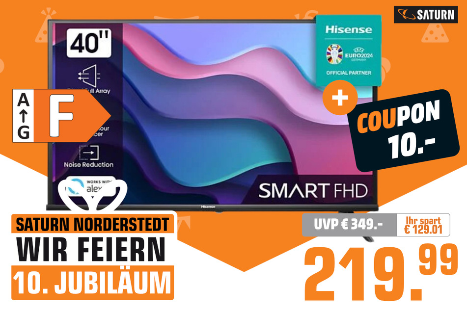 40-Zoll Hisense-Fernseher für 219,99 statt 349 Euro + 10-Euro-Coupon.