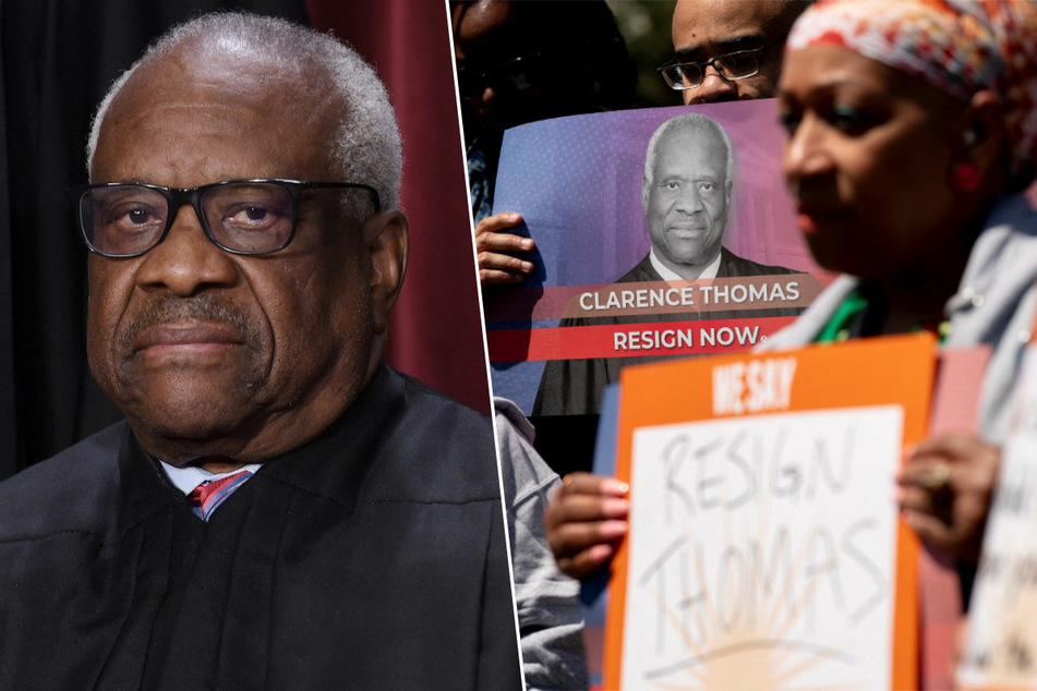 In 2019, Supreme Court Justice Clarence Thomas (l.) took three more private jet trips financed by Republican real-estate magnate Harlan Crow than previously disclosed.