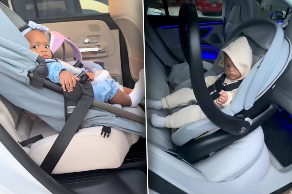Links: Sevyn war völlig falsch und dazu mehr als unsicher in ihrer Babyschale im Auto angeschnallt worden. Rechts: In einem Folgevideo ist zu sehen, wie das Mädchen eigentlich ins Auto gehört.