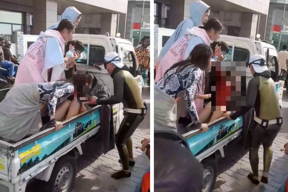 Die verwundete Touristin wird anscheinend auf einem kleinen Pick-up in ein örtliches Krankenhaus gebracht.