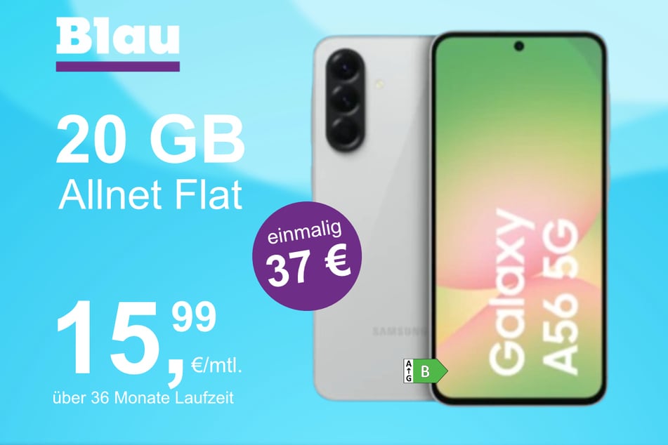 Das Samsung Galaxy A56 5G im Blau Allnet XL für einmalig 37 Euro.