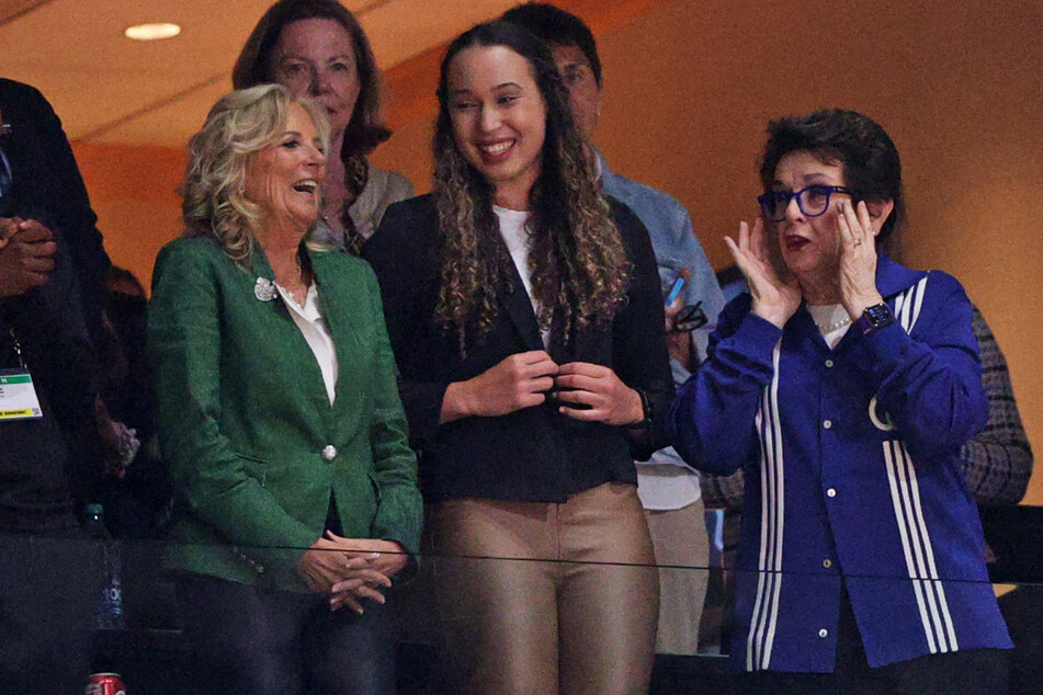 First Lady Jill Biden (l.) attended the 2023 NCAA Women's Basketball Tournament championship game between the LSU Lady Tigers and the Iowa Hawkeyes on Sunday alongside women's tennis legend Billie Jean King (r.).
