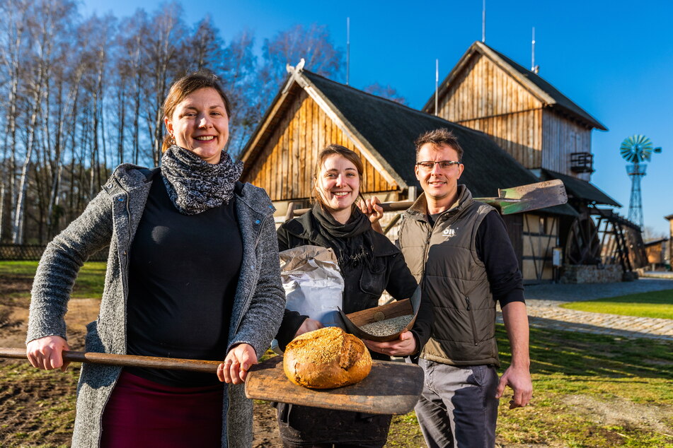 In der Krabat-Mühle steht auch Brotbacken auf dem Programm (v.l.): Marka Suchy, Magdalena Schaffe und Tobias Zschieschick (46) führen das Handwerk vor.
