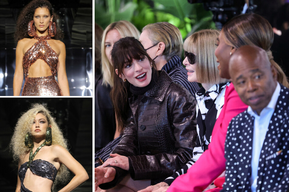 The final day of September 2022's New York Fashion Week closed with sisters Bella (top l.) and Gigi Hadid (bottom l.) modeling disco-themed dresses for Tom Ford and an epic front row for Michael Kors' show including (right from l. to r.) Anne Hathaway, Vogue editor-in-chief Anna Wintour, tennis star Serena Williams, and New York mayor Eric Adams.