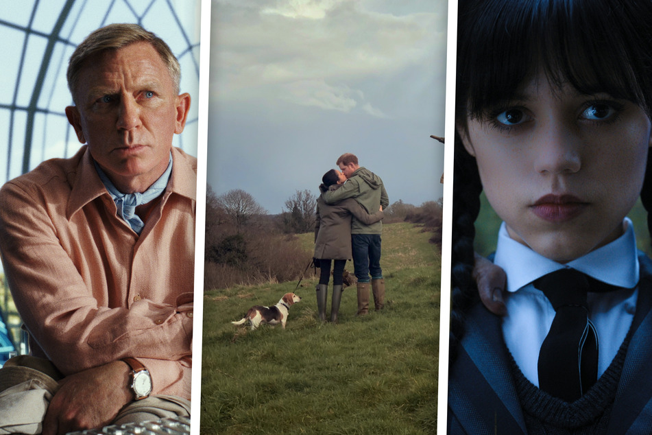 Netflix released many successful titles in its fourth quarter last year, including (from l. to r.) Glass Onion, Harry &amp; Meghan, and Wednesday.