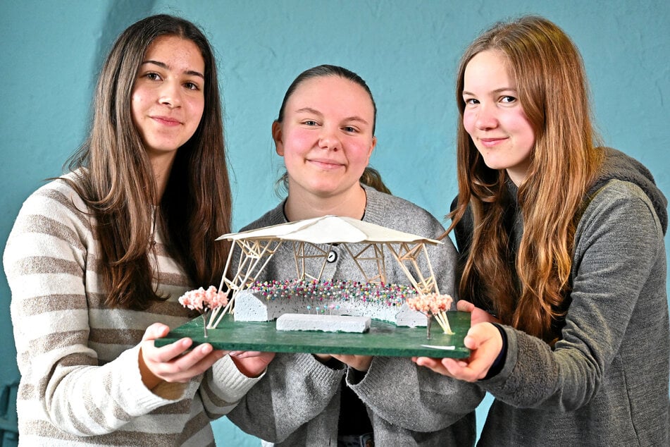 Paula Spranger (13, l.), Nele Schmidt (14, M.) und Luise Kaufmann (14, r.) mit ihrem Gewinner-Modell "Fairy Theater".