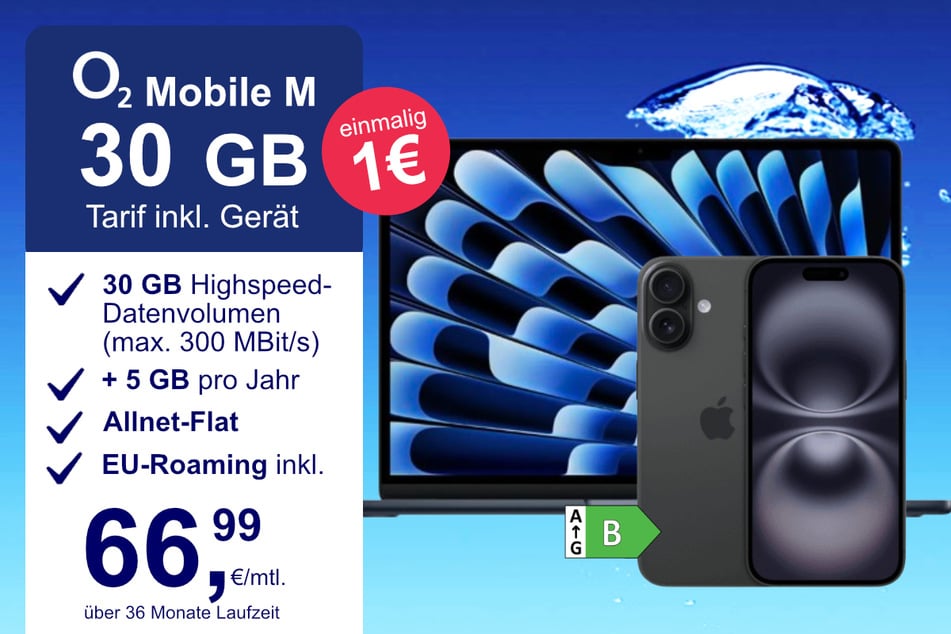 Das iPhone 16 + MacBook Air im o2 Mobile M für einmalig 1 Euro.