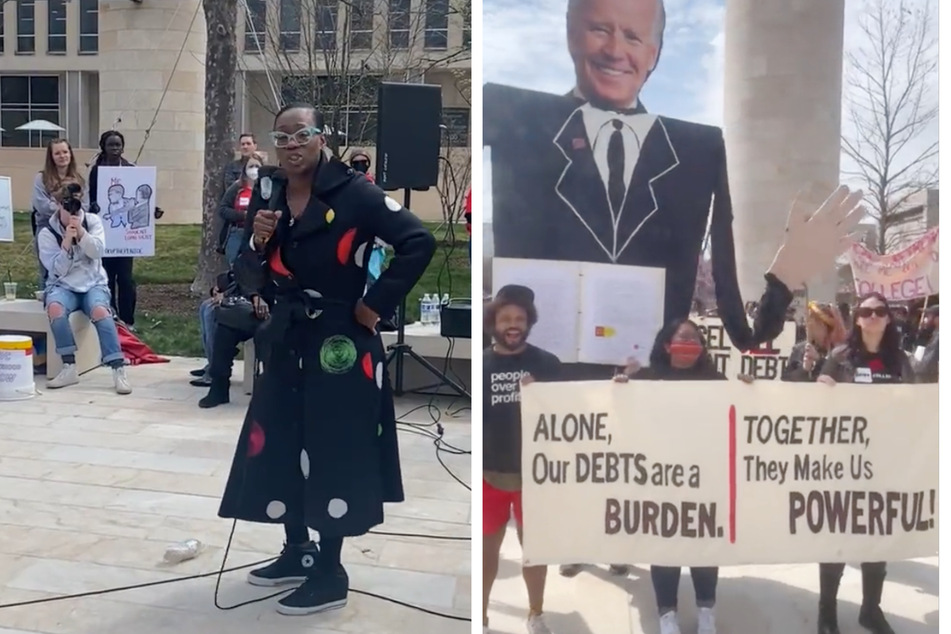 Nina Turner gives an empowering speech to the crowd, and activists with signs march next to a large Joe Biden cutout.