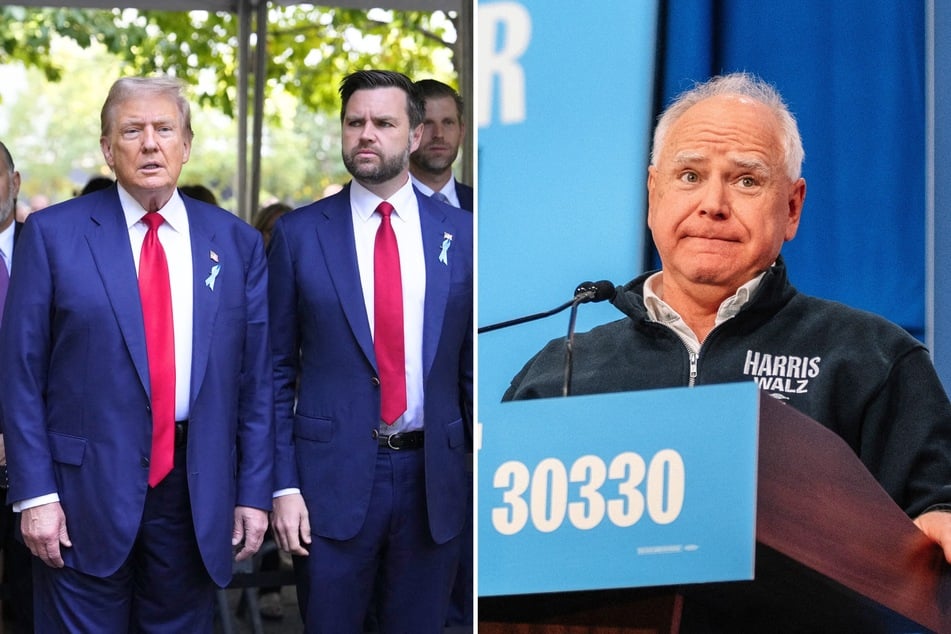 In a recent interview, Democratic vice presidential candidate Tim Walz (r.) mocked Republican Donald Trump (l.) and his running mate JD Vance.